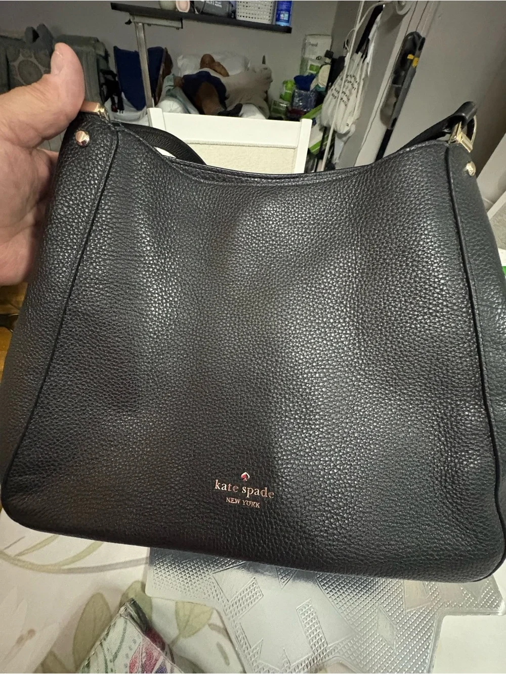 kate spade Black Pebbled Leather Shoulder Tote with Gold Accents